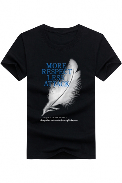 Letter MORE RESPECT LESS ATTACK Feather Print Summer Basic Short Sleeve Tee