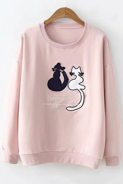 Lovely Cartoon Cat Letter TESTMONY Embroidered Crewneck Long Sleeve Pullover Sweatshirt