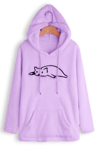 Lovely Cartoon Lazy Cat Printed Long Sleeve Loose Casual Hoodie for Women