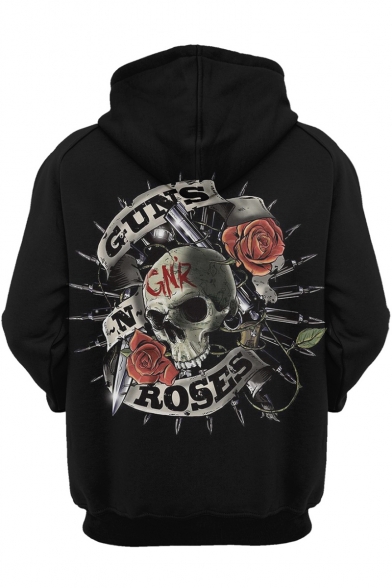 Men's Cool Letter GUNS ROSES Floral Skull Printed Black Drawstring Cotton Hoodie