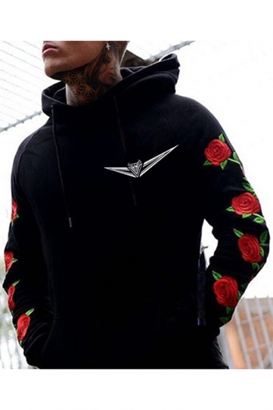 Men's Cool Logo Print Chest Floral Long Sleeve Loose Fitted Sports Hoodie