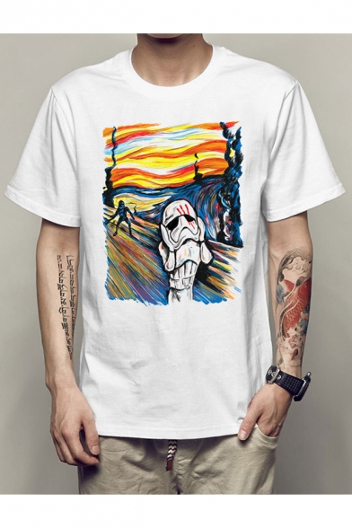 Men's Cool Van Gogh Oil Painting Star Wars Printed Crew Neck Short Sleeve White T-Shirt
