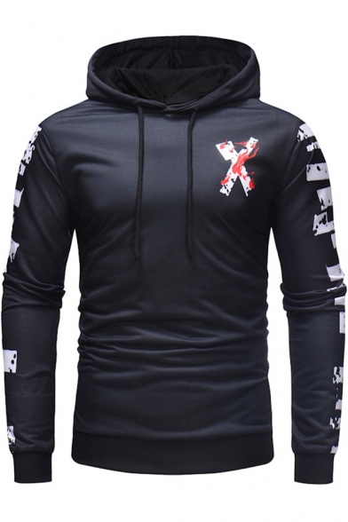 Men's Fashion Unique Fire Letter X Print Long Sleeve Slim Fitted Black Hoodie