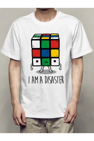 Men's Funny Cartoon Letter I AM A DISASTER Magic Cube Print Short Sleeve White T-Shirt