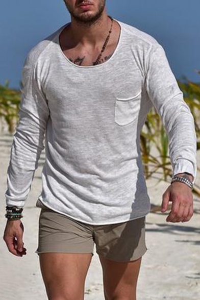 Men's Hot Popular Round Neck Pocket Patched Chest Simple Plain Long Sleeve Cotton T-Shirt