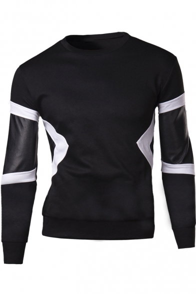 Men's New Trendy Colorblock PU Patched Long Sleeve Crewneck Regular Fitted Pullover Sweatshirt