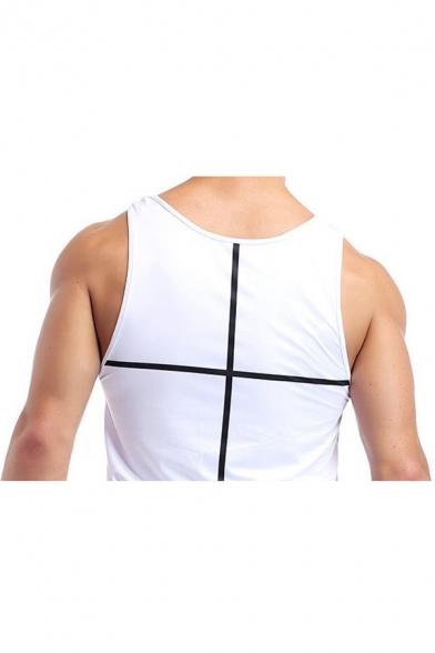 Men's Simple White Fashion Tape Patched Quick-Drying Running Athletic Tank Top