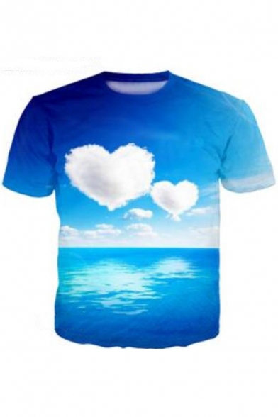 New Fashion 3D Heart-Shaped Cloud Print Blue Short Sleeve Casual T-Shirt