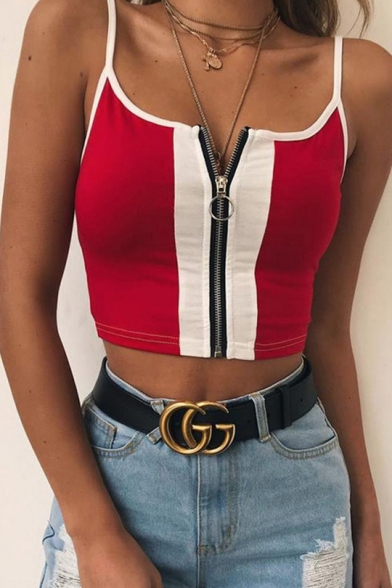 New Stylish Colorblock Zip Closure Front Strap Cropped Slim Cami Top