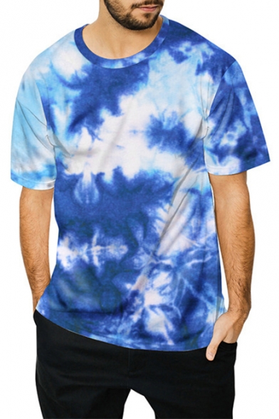New Stylish Cool 3D Tie Dye Crew Neck Short Sleeve Blue Casual T-Shirt for Guys