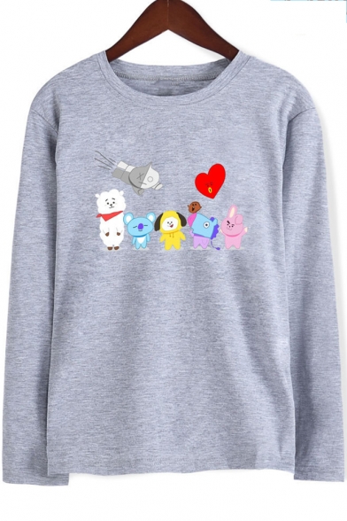 Round Neck Long Sleeve Cartoon Pattern Casual Loose Fitted T-Shirt