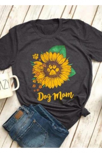 Simple Letter DOG MOM Sunflower Printed Short Sleeve Grey T-Shirt