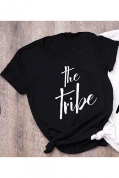 Simple Letter THE TRIBE Print Black Street Style T-Shirt