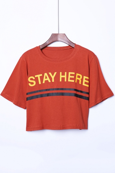 Striped Letter STAY HERE Printed Round Neck Short Sleeve Cropped Cotton Loose T-Shirt