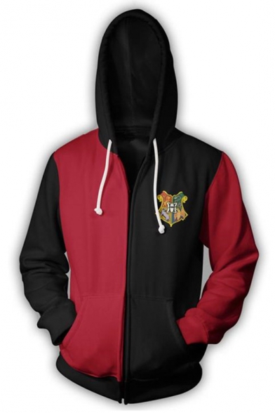 Trendy Harry Potter University Logo Print Colorblock Long Sleeve Zip Up Red Hoodie