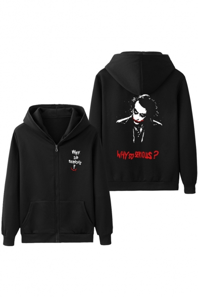 Unique Contrast Trim Letter WHY SO SERIOUS Clown Figure Pattern Fitted Full Zip Hoodie