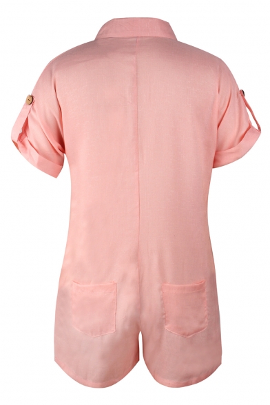 Women's Casual Leisure Short Sleeve Lapel Collar Solid Button Down Shirt Rompers