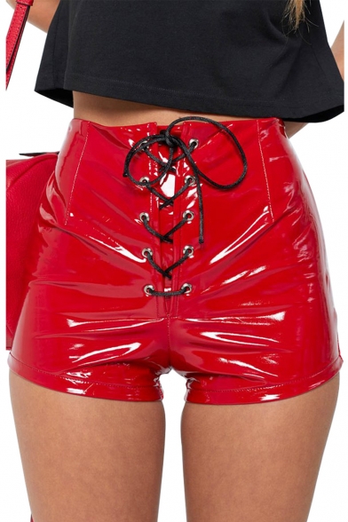 Women's Sexy High-Waist Lace-Up Front Solid PU Skinny Shorts