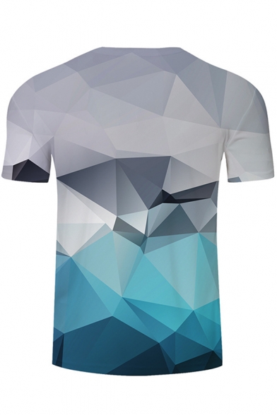 3D Blue and Grey Colorblock Geometric Print Short Sleeve Crewneck Loose Fit T-Shirt