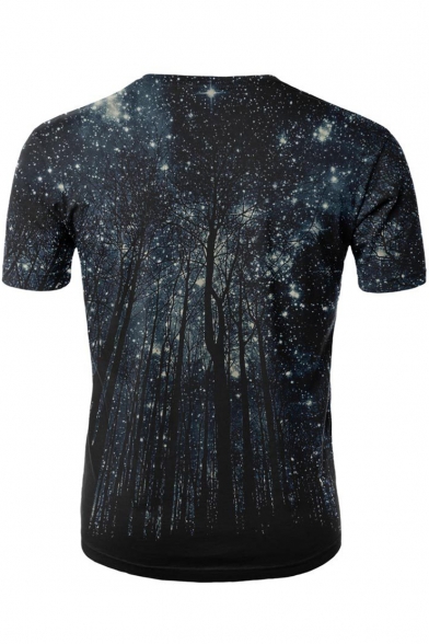 3D Galaxy Forest Print Stylish Short Sleeve Fitted Blue T-Shirt