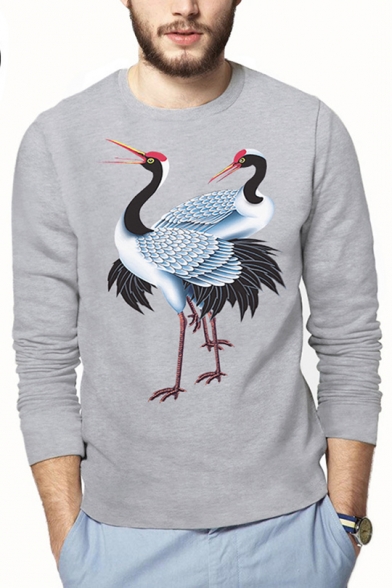 Awesome Crane Printed Crewneck Long Sleeve Loose Fitted T-Shirt