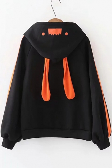 Black Cute Cartoon Rabbit Ear Fashion Letter Print Pocket Patched Chest Long Sleeve Casual Hoodie