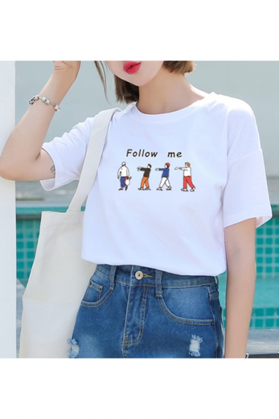 Chic Short Sleeve Round Neck Letter FOLLOW ME Cartoon Figure Printed Cotton Top for Girls