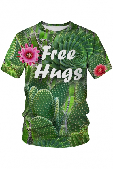 Cool 3D Cactus Floral Letter FREE HUGS Printed Basic Casual Loose Green T-Shirt