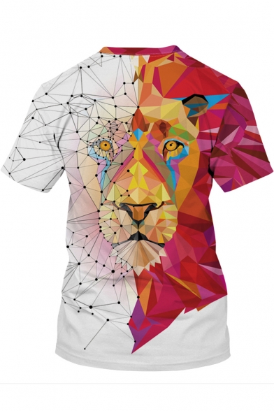 Cool 3D Line Geometric Tiger Print Short Sleeve Round Neck Red and White T-Shirt
