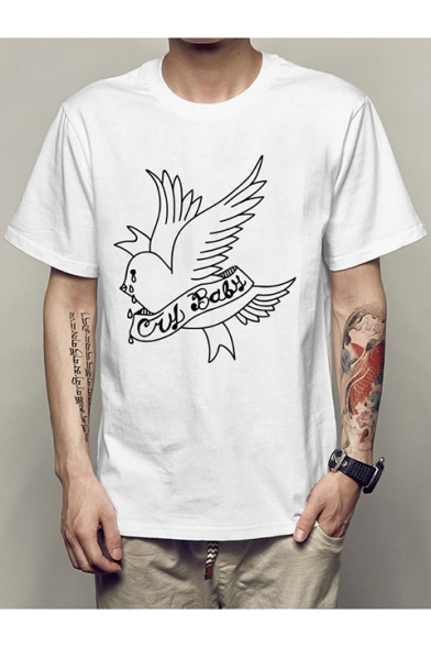 Crying Bird Pattern Basic Short Sleeve White Casual Graphic T-Shirt