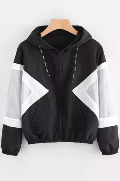 Fashion Two-Tone Colorblock Long Sleeve Sports Casual Zip Up Black Hooded Coat