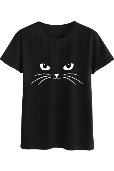 Funny Cat Pattern Round Neck Short Sleeve Black Leisure Tee