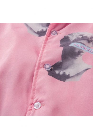 Holiday Beach Stylish Portrait Print Short Sleeve Notched Lapel Collar Pink Button Shirt