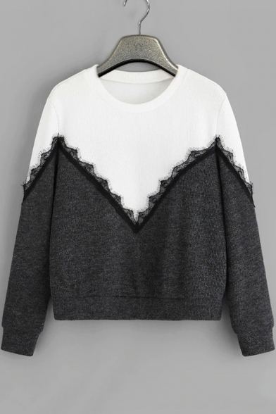 Hot Popular Colorblock Chevron Pattern Lace Patched Black Leisure Sweatshirt