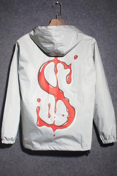 Letter S Printed Long Sleeve Reflective Unisex Hooded Gray Coat