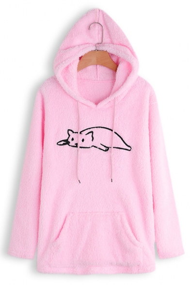 Lovely Cartoon Lazy Cat Printed Long Sleeve Loose Casual Hoodie for Women