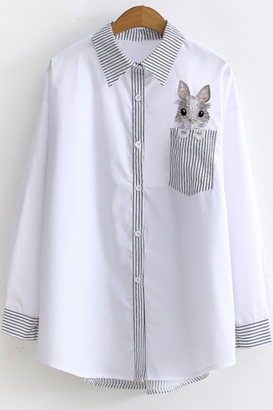 Lovely Cartoon Rabbit Print Pocket Chest Striped Lapel Collar Long Sleeve Button Shirt
