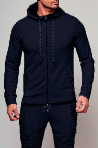 Men's Outdoor Sports Fashion Pleated Shoulder Long Sleeve Slim Fitted Plain Zip Hoodie