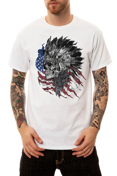 Men's Short Sleeve Cool Flag Skull Pattern Street Fashion Loose Fit T-Shirt
