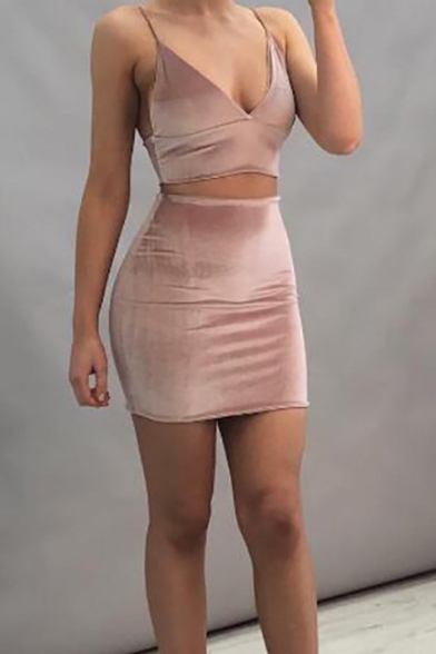 Sexy Hot V Neck Sleeveless Plain Cropped Top Elastic Waist Skirt Velvet Co-ords