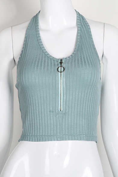 Sexy Slim Fit Halter Neck Zip Front Green Rib Knit Cropped Tank Top for Women