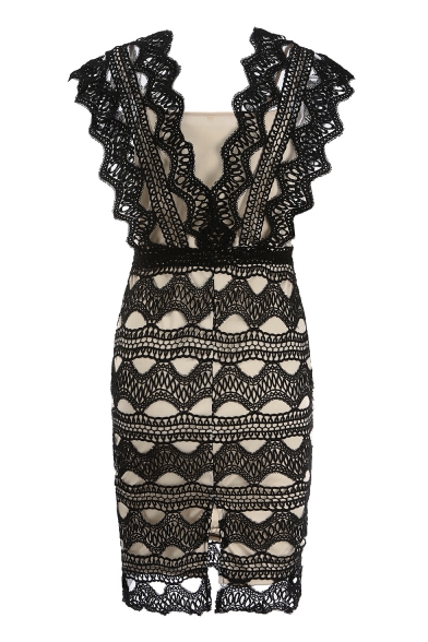 Sexy V-Neck Hollow Out Lace-Panelled Fashion Split Back Midi Pencil Dress with Liner