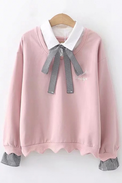 Simple Letter Embroidered Bow-Tied Patched Lapel Collar Long Sleeve Pullover Sweatshirt