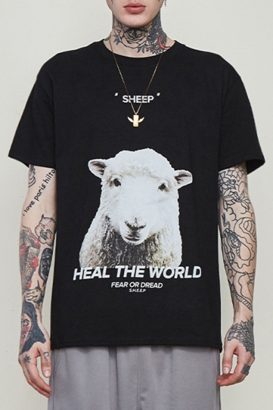 Stylish Animal Sheep Letter HEAL THE WORLD Print Basic Short Sleeve Loose T-Shirt