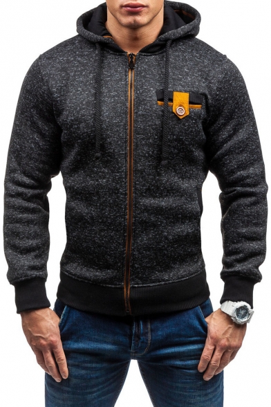 Stylish Button Embellished Chest Long Sleeve Heather Grey Full Zip Fitted Fleece Hoodie