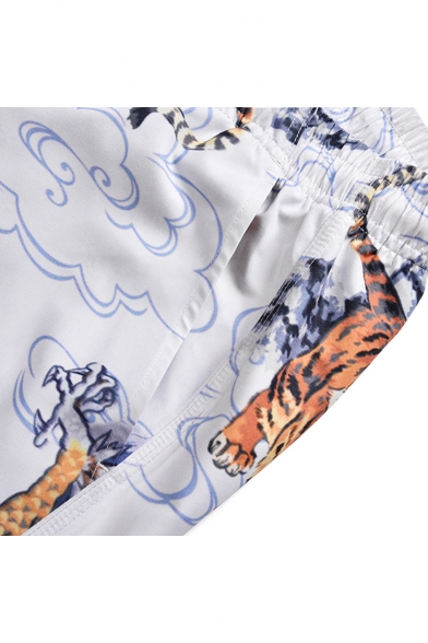 Summer Stylish Tiger Printed Drawstring Waist Quick Dry Beach Surf White Swim Trunks for Men