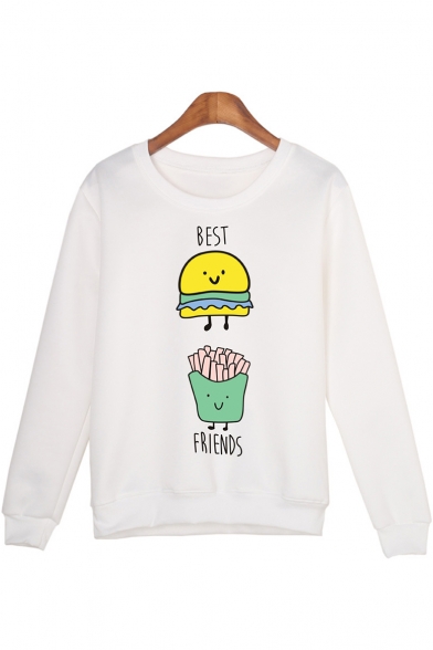 White Letter BEST FRIENDS Cartoon Hamburger French Fries Print Long Sleeve Pullover Sweatshirt