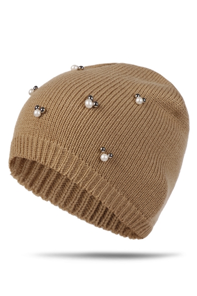 Winter's Lovely Cute Pearl Embellished Warm Knit Beanie Hat