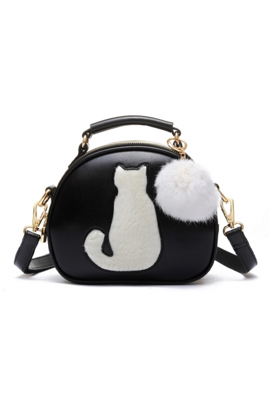 Women's Cute Cartoon Cat Printed Fashion Pom Embellished Crossbody Bag 21*9*18cm