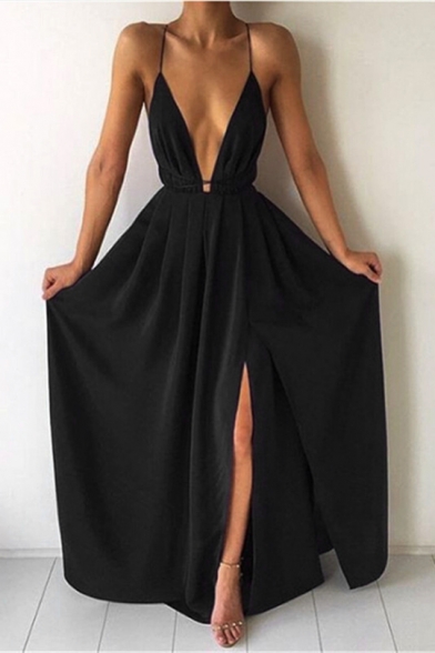 Women's Sexy Plunge Neck Sleeveless Split Front Plain Maxi Chiffon Flared Cami Dress